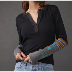 Free People S Black Mikah Layering Cuff Waffle Knit Thermal Henley Long Sleeve